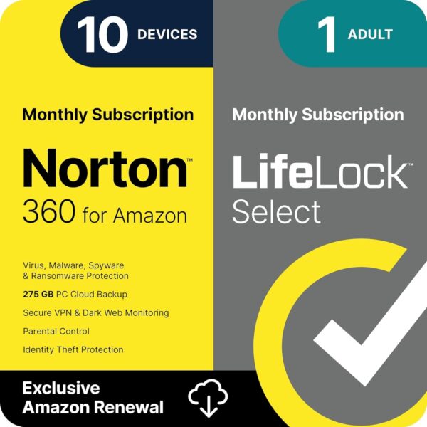 Norton 360 with LifeLock Select Bundle, 1 Year Subscription - 10 Devices - All-in-One Protection for your Devices, Online Privacy, and Identity, Activation...