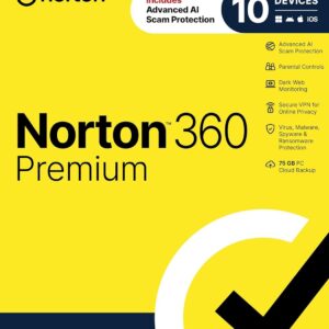Norton 360 Premium, Antivirus software for 10 Devices with Auto-Renewal – Includes Advanced AI Scam Protection, VPN, Dark Web Monitoring & PC Cloud Backup [Key Card]